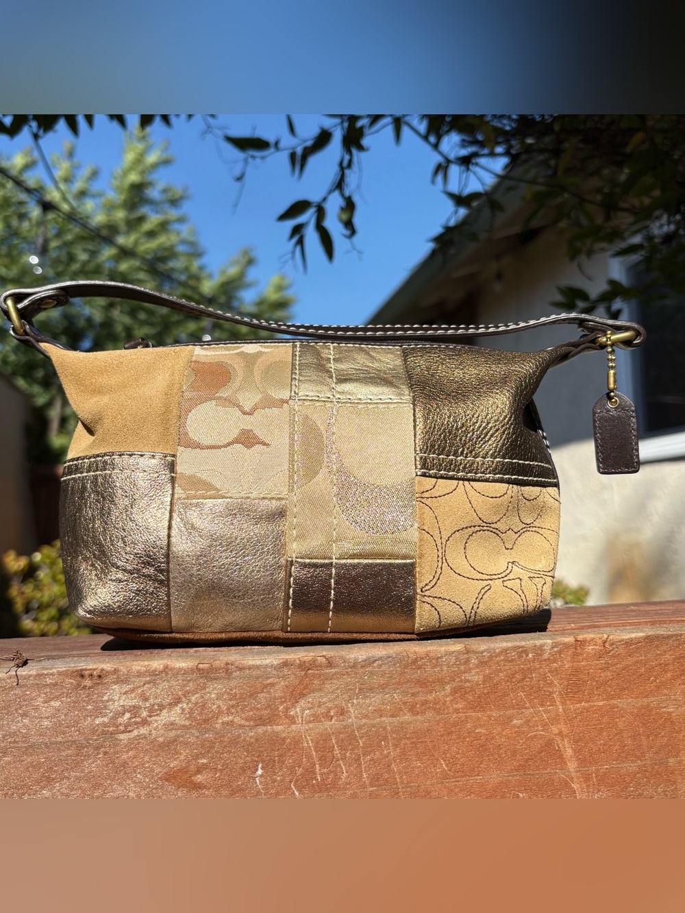 Coach Patchwork Shoulder Bag Y2K Gold Brown Suede Leather Signature Mini